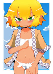 Rule 34 | 1girl, 221 (tsutsuichi), blonde hair, blue sky, blush, breasts, brown jacket, closed mouth, cloud, commentary request, cowboy shot, frown, fundoshi, green eyes, hair between eyes, jacket, japanese clothes, looking at viewer, mizuhashi parsee, multicolored clothes, multicolored jacket, navel, open clothes, open jacket, pointy ears, sarashi, short hair, short sleeves, sky, small breasts, solo, tan, tearing up, touhou