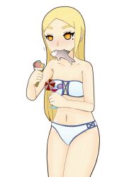 Rule 34 | 1girl, bikini, blonde hair, breasts, eating, food, highres, ice cream, mari gold, mole, mole under eye, orange eyes, original, rong rong, runescape, small breasts, swimsuit, tagme, thick eyebrows