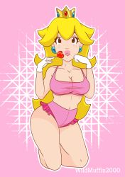 Rule 34 | 1girl, absurdres, blonde hair, crown, earrings, gloves, half gloves, highres, jewelry, lipstick, makeup, mario (series), midriff, nintendo, pink background, pink lips, princess peach, solo, super mario bros. 1, white gloves, wildmuffin2000