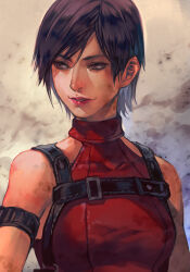 Rule 34 | 1girl, ada wong, bare shoulders, black hair, breasts, brown eyes, capcom, dress, grey background, hungry clicker, medium breasts, red dress, resident evil, resident evil: the darkside chronicles, resident evil 4, short hair, sleeveless, sleeveless dress, solo, swept bangs, upper body