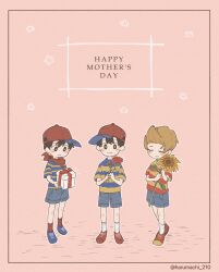 Rule 34 | 3boys, baseball cap, blue shorts, box, closed eyes, closed mouth, flower, full body, gift, gift box, happy mother&#039;s day, haru-cho, hat, highres, holding, holding flower, holding gift, lucas (mother 3), male focus, mother&#039;s day, mother (game), mother 1, mother 2, mother 3, multiple boys, ness (mother 2), ninten, nintendo, red flower, red hat, red rose, rose, shirt, shoes, short sleeves, shorts, sideways hat, simple background, socks, standing, striped clothes, striped shirt, sunflower, twitter username, yellow flower