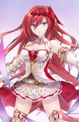 Rule 34 | &gt;:(, 1girl, armored boots, belt, blue eyes, blush, boots, commentary request, cowboy shot, detached sleeves, dress, godsworn alexiel, granblue fantasy, hair between eyes, hair ornament, highres, hsiao, long hair, long sleeves, looking at viewer, pleated skirt, red hair, skirt, solo, strapless, strapless dress, thigh boots, thighhighs, v-shaped eyebrows, very long hair, white belt, white dress, white footwear, white skirt, white thighhighs