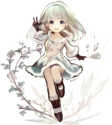 Rule 34 | 1girl, black gloves, boots, breasts, brown footwear, cleavage, commentary request, cryomancer (tree of savior), dress, full body, fur-trimmed dress, fur trim, gloves, gobaku no hito, grey hair, holding, holding staff, long hair, looking at viewer, medium breasts, neck ribbon, open mouth, ribbon, short dress, smile, solo, staff, tree of savior, white background, white dress, white ribbon