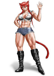 Rule 34 | 1girl, abs, animal ears, boots, braid, breasts, cat ears, cat girl, cleavage, female focus, fingernails, highres, looking at viewer, muscular, muscular female, red hair, saru panitumu, solo, tail, twin braids, yellow eyes