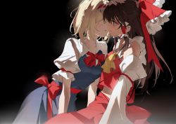 Rule 34 | 2girls, alice margatroid, arm support, ascot, black background, blonde hair, blue dress, bow, bowtie, brown hair, collarbone, collared shirt, commentary request, detached sleeves, dress, frilled hairband, frills, hair bow, hair tubes, hairband, hakurei reimu, highres, imminent kiss, light particles, long hair, meng ziya, multiple girls, parted lips, pinafore dress, puffy short sleeves, puffy sleeves, red bow, red hairband, red neckwear, red shirt, red skirt, shirt, short hair, short sleeves, simple background, sitting, skirt, sleeveless, sleeveless dress, sleeveless shirt, sweatdrop, touhou, white shirt, yellow neckwear, yuri