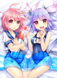 Rule 34 | 10s, 2girls, :d, blue hair, gradient hair, hair ornament, hair ribbon, heart, i-19 (kancolle), i-58 (kancolle), kantai collection, long hair, looking at viewer, multicolored hair, multiple girls, one-piece swimsuit, open mouth, pink hair, red eyes, ribbon, school swimsuit, school uniform, smile, swimsuit, swimsuit under clothes, torpedo, type 95 torpedo, u rin