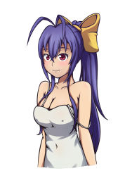 Rule 34 | 1girl, antenna hair, blazblue, blazblue remix heart, blue hair, blush, bow, breasts, cleavage, covered erect nipples, female focus, gender request, genderswap, hair bow, highres, large breasts, long hair, mai natsume, navel, nightgown, pancakes (artist), ponytail, red eyes, ribbon, simple background, smile, solo, upper body, white background