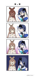 Rule 34 | 2girls, ahoge, blue hair, blue ribbon, bow, bow earrings, brown eyes, brown hair, cleavage cutout, clothing cutout, comic, crossed bangs, earrings, feather hair ornament, feathers, flower, flower (symbol), gradient background, hair intakes, hair ornament, hairclip, hand mirror, highres, hololive, hololive english, jewelry, long hair, mirror, multicolored hair, multiple girls, nanashi mumei, nanashi mumei (1st costume), notice lines, ouro kronii, ouro kronii (1st costume), ponytail, ribbon, sacabambaspis, sailor collar, shirt, short hair, silent comic, sleeveless, sleeveless shirt, sparkle, streaked hair, taka t, tank top, very long hair, virtual youtuber, white shirt, zipper, | |