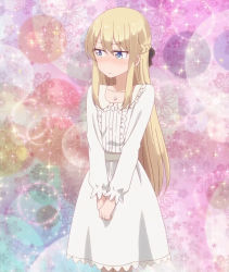 Rule 34 | 10s, 1girl, :/, alternate costume, alternate hairstyle, blonde hair, blue eyes, blush, braid, closed mouth, collarbone, dress, embarrassed, eyebrows, floral background, frilled dress, frills, frown, heart, heart necklace, highres, lens flare, long hair, long sleeves, looking away, multicolored background, necklace, new game!, non-web source, nose blush, screencap, solo, standing, striped, v arms, vertical stripes, white dress, yagami kou