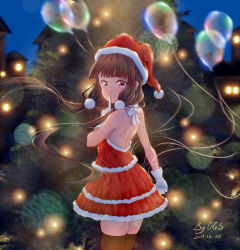 Rule 34 | backless dress, backless outfit, bad id, bad pixiv id, bare back, black hair, black thighhighs, blend s, blush, christmas, christmas tree, dated, dress, finger to mouth, from side, gloves, hair bobbles, hair ornament, hat, long hair, low twintails, ogs, outdoors, purple eyes, red hat, sakuranomiya maika, santa costume, santa hat, skindentation, smile, solo, thighhighs, twintails, very long hair, white gloves