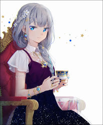 Rule 34 | 1girl, armlet, black dress, blouse, blue eyes, blue nails, bracelet, braid, braided ponytail, collared shirt, commentary, cup, dress, earrings, flower, french braid, frown, glitter, gold trim, grey hair, hair flower, hair ornament, hair over shoulder, hakusai (tiahszld), holding, holding cup, jewelry, lace, long hair, looking at viewer, nail polish, original, pinafore dress, ring, shirt, short sleeves, side braid, single braid, sitting, sleeveless dress, solo, star (symbol), star hair ornament, symbol-only commentary, teacup, throne, white background, white shirt