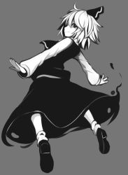 Rule 34 | 1girl, grey background, greyscale, hair ribbon, looking at viewer, looking back, monochrome, outstretched arms, ribbon, rumia, shirt, short hair, simple background, skirt, smile, spread arms, tamahana, touhou, vest