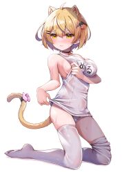 Rule 34 | 1girl, absurdres, ahoge, animal ears, arm under breasts, bare shoulders, bat hair ornament, black choker, blonde hair, blush, bob cut, bow, breasts, cat ears, cat girl, cat tail, choker, clothes lift, collarbone, commentary, covered navel, extra ears, fang, flustered, full body, hair between eyes, hair ornament, hairclip, highres, hololive, kneeling, large breasts, lifted by self, looking to the side, name tag, old school swimsuit, pink bow, school swimsuit, short hair, sideboob, simple background, skin fang, swimsuit, swimsuit lift, symbol-only commentary, tail, tail bow, tail ornament, thighhighs, tmo-cat, virtual youtuber, wet, wet clothes, wet swimsuit, wet thighhighs, white background, white swimsuit, white thighhighs, yellow eyes, yozora mel