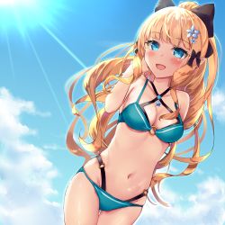 Rule 34 | 1girl, :d, bad id, bad pixiv id, bare shoulders, bikini, blonde hair, blue bikini, blue eyes, blue sky, blunt bangs, bow, breasts, cleavage, cloud, cloudy sky, collarbone, commentary request, flower, hair bow, hair flower, hair ornament, hair ribbon, layered bikini, long hair, looking at viewer, midriff, navel, open mouth, princess connect!, ribbon, saren (princess connect!), saren (summer) (princess connect!), sidelocks, sky, smile, solo, sunlight, swimsuit, tamariyazuna