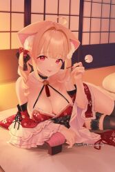 Rule 34 | 1girl, absurdres, ahoge, animal ear fluff, animal ears, bare shoulders, bell, black thighhighs, blonde hair, blush, breasts, bridal garter, cat ears, cat girl, cleavage, detached sleeves, floral print, frills, hair ribbon, heart, heart ahoge, highres, holding, indoors, japanese clothes, kemomimi refle!, kuyukian3, large breasts, looking at viewer, lying, mimikaki, mole, mole under eye, neck bell, nekoma karin, on floor, on side, red eyes, ribbon, solo, thighhighs, tongue, tongue out, virtual youtuber, wide sleeves, wing hair ornament