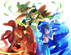 Rule 34 | 1boy, 2girls, :d, :o, abs, black hair, blue eyes, blue hair, blue sailor collar, clenched teeth, collarbone, commentary request, creatures (company), dark-skinned male, dark skin, fire, flower, game freak, gen 7 pokemon, green eyes, green hair, hair flower, hair ornament, hairband, hands up, kiawe (pokemon), lana (pokemon), leaf, long hair, looking at viewer, lurantis, mallow (pokemon), momoji (lobolobo2010), multicolored hair, multiple girls, nintendo, no sclera, one-piece swimsuit, open mouth, pokemon, pokemon (creature), pokemon sm, red hair, sailor collar, salazzle, shirt, short hair, sleeveless, smile, swept bangs, swimsuit, swimsuit under clothes, teeth, tongue, topless male, trial captain, twintails, water, wishiwashi, wishiwashi (school), wishiwashi (solo)
