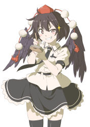 Rule 34 | 1girl, belt, black belt, black hair, black necktie, black skirt, black thighhighs, black wings, blush stickers, brown eyes, commentary request, cowboy shot, feathered wings, grin, hair between eyes, hat, highres, holding, holding notepad, holding pen, inuno rakugaki, looking at viewer, miniskirt, nail polish, necktie, notepad, pen, petticoat, pink nails, pom pom (clothes), puffy short sleeves, puffy sleeves, shameimaru aya, shirt, short hair, short sleeves, simple background, skindentation, skirt, smile, solo, sparkle, standing, tassel, thighhighs, thighs, tokin hat, touhou, uneven eyes, white background, white shirt, wings, zettai ryouiki