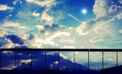 Rule 34 | blue sky, cloud, cloudy sky, comet, evening, highres, no humans, original, railing, scenery, shade, sky, star (sky), starry sky, usamochi., usamochi (7290381), utility pole