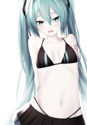 Rule 34 | 1girl, arm tattoo, arms behind back, bikini, black bikini, black skirt, blue eyes, blue hair, breasts, cleavage, collarbone, fang, hair between eyes, hair ornament, hatsune miku, highres, kkethics, long hair, looking at viewer, miniskirt, navel, number tattoo, open mouth, pleated skirt, simple background, skin fang, skirt, small breasts, solo, standing, swimsuit, tattoo, twintails, very long hair, vocaloid, white background