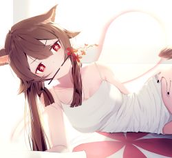 Rule 34 | 1girl, animal ears, bare shoulders, black nails, breasts, brown hair, cat ears, cleavage, dress, flower, flower in mouth, genshin impact, ghost, half-closed eyes, hand on own hip, hu tao (genshin impact), looking at viewer, lying, medium breasts, nail polish, on side, panties, plum blossoms, red eyes, sakura&#039;s home, sleeveless, sleeveless dress, tail, twintails, underwear, white dress, white panties