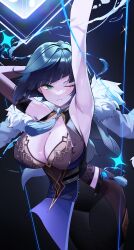 Rule 34 | 1girl, absurdres, armpits, arms up, asymmetrical gloves, bare shoulders, bead choker, blue hair, blush, bob cut, breasts, cleavage, diagonal bangs, dice, elbow gloves, feather-trimmed jacket, feather collar, fur-trimmed jacket, fur trim, genshin impact, gloves, green eyes, highres, jacket, jacket on shoulders, jewelry, large breasts, mismatched gloves, mole, mole on breast, neck tassel, one eye closed, parted lips, presenting armpit, short hair, single elbow glove, smile, solo, sungnyung15, tassel choker, vision (genshin impact), waist cutout, yelan (genshin impact)