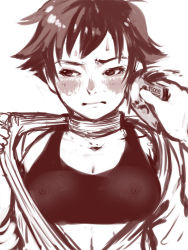 Rule 34 | 1girl, 2equal8, banknote, blush, breasts, capcom, choker, cleavage, compensated molestation, dougi, looking away, makoto (street fighter), medium breasts, money, money slap, monochrome, open clothes, pov, ribbon choker, scarf, see-through, short hair, solo focus, sports bra, street fighter, street fighter iii (series), sweatdrop, undressing
