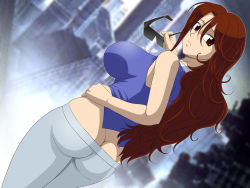 Rule 34 | 00s, 1girl, ass, bare shoulders, breasts, brown eyes, brown hair, butt crack, female focus, glasses, gundam, gundam 00, hand on own hip, huge breasts, impossible clothes, impossible shirt, lento (glamour works), long hair, looking back, no panties, pants, shirt, sideboob, solo, standing, sumeragi lee noriega, sunglasses, tank top, wavy hair, yellow eyes