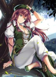 Rule 34 | 1girl, arm support, arm up, beret, black bow, bow, braid, breasts, cleavage, collarbone, commentary request, dress, flats, green dress, green eyes, green footwear, green hat, hair between eyes, hair bow, hand on headwear, hat, head tilt, highres, hong meiling, in tree, indian style, knee up, large breasts, leaf, light particles, long hair, looking at viewer, monety, outdoors, partially unbuttoned, pelvic curtain, puffy short sleeves, puffy sleeves, red hair, shirt, shoes, short sleeves, side slit, sitting, sitting in tree, smile, solo, star (symbol), touhou, translation request, tree, twin braids, white shirt, wristband