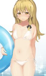 Rule 34 | 1girl, alternate costume, arm behind back, asymmetrical hair, bare shoulders, bikini, black ribbon, blonde hair, blush, braid, breasts, clenched teeth, collarbone, commentary request, cowboy shot, embarrassed, gradient background, hair ribbon, holding, innertube, kirisame marisa, long hair, looking at viewer, navel, no headwear, nose blush, open mouth, parted lips, raised eyebrows, ribbon, shy, side-tie bikini bottom, side braid, single braid, small breasts, solo, sparkle, standing, stomach, swim ring, swimsuit, teeth, thighs, touhou, white ribbon, yellow eyes, zuttokodomo