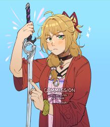 Rule 34 | 1girl, absurdres, ahoge, blonde hair, blue background, blush, bow, bra strap, choker, coat, collarbone, commentary, commission, dress, english commentary, female focus, fiora (xenoblade), frilled dress, frills, green eyes, hairdressing, highres, holding, holding sword, holding weapon, intelligent systems, jewelry, johan (deathamaranth), long hair, low ponytail, lucky seven (xenoblade), necklace, nintendo, nose blush, pink dress, pointing, red coat, ribbon, serious, simple background, solo focus, sword, v-shaped eyebrows, weapon, wide sleeves, xenoblade chronicles (series), xenoblade chronicles 3