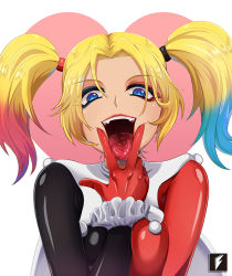 Rule 34 | 1girl, batman (series), between breasts, blonde hair, blue eyes, bodysuit, breasts, cunnilingus gesture, dc comics, drooling, eyes visible through hair, eyeshadow, fangs, gloves, harley quinn, heart, lipstick, looking at viewer, makeup, multicolored hair, naughty face, open mouth, red gloves, saliva, simple background, smile, solo, teng zhai zi, tongue, tongue out, twintails, two-tone hair, upper body, v over mouth