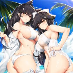 Rule 34 | 2girls, alternate costume, animal ears, ass, atago (azur lane), azur lane, bare shoulders, beach, bikini, black hair, blue sky, blush, bow, breasts, brown eyes, cloud, cowboy shot, day, extra ears, frown, hair bow, hair flaps, hair ribbon, hand on own hip, hand up, large breasts, long hair, long sleeves, looking at viewer, looking back, mole, mole under eye, multiple girls, ocean, off shoulder, one-piece swimsuit, outdoors, palm leaf, palm tree, parted lips, ponytail, ribbon, sand, shiny skin, shirt, sideboob, sidelocks, skindentation, sky, smile, sun, sunlight, swept bangs, swimsuit, takao (azur lane), takao (beach rhapsody) (azur lane), thighs, tony guisado, tree, twisted torso, undressing, very long hair, water drop, wet, white bikini, white bow, white one-piece swimsuit, white ribbon, white shirt