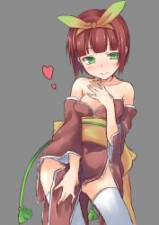 Rule 34 | 1girl, bare shoulders, blush, cowboy shot, green eyes, hairband, highres, japanese clothes, looking at viewer, nipple slip, nipples, no panties, petite, red hair, revealing clothes, short hair, simple background, smile, solo, spirytus tarou, thighhighs, white thighhighs
