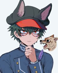Rule 34 | 1boy, angry, animal ears, animal hat, black hat, blue jacket, cabbie hat, chihuahua, closed mouth, commentary request, dog, facial mark, fake animal ears, feathers, g tsurius, glasses, green hair, grey background, hair between eyes, hand on own chin, hand up, hat, highres, jacket, long sleeves, looking at viewer, male focus, master detective archives: rain code, open mouth, red-framed eyewear, red eyes, short hair, simple background, smile, solo, upper body, zilch alexander