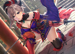 Rule 34 | 1girl, asymmetrical hair, bare shoulders, black thighhighs, blue eyes, blue kimono, breasts, cleavage, closed mouth, detached sleeves, dual wielding, dutch angle, earrings, fate/grand order, fate (series), fighting stance, hair ornament, highres, holding, holding sword, holding weapon, japanese clothes, jewelry, katana, kimono, large breasts, leaf print, magatama, maple leaf print, miyamoto musashi (fate), miyamoto musashi (third ascension) (fate), mugetsu2501, obi, outdoors, pink hair, pink lips, ponytail, sandals, sash, sheath, short kimono, shrine, single sidelock, sleeveless, sleeveless kimono, stairs, stone floor, swept bangs, sword, thighhighs, thighs, unsheathed, weapon, wide sleeves