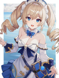 Rule 34 | 1girl, :d, barbara (genshin impact), bare shoulders, blonde hair, blue bow, blue bowtie, blue eyes, blue gemstone, blue sky, book, border, bow, bowtie, breasts, cleavage, cloud, cross, detached collar, detached sleeves, dress, dress bow, drill hair, fingernails, frilled hairband, frills, gem, genshin impact, hair between eyes, hairband, hand up, highres, latin cross, long sleeves, looking at viewer, maid headdress, medium breasts, open mouth, pipipipyu, sidelocks, sky, sleeveless, sleeveless dress, smile, solo, strapless, strapless dress, twin drills, vision (genshin impact), white border, white bow, white dress, white hairband, white sleeves