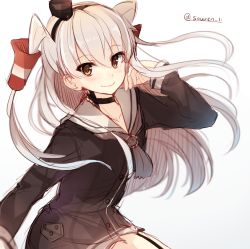 Rule 34 | 10s, 1girl, amatsukaze (kancolle), bad id, bad twitter id, brown eyes, hair between eyes, hairband, hiiragi souren, kantai collection, long hair, silver hair, smile, twintails, two side up, uniform