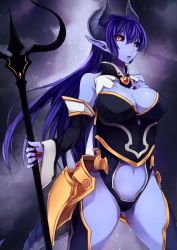 Rule 34 | 1girl, asmodeus (shinrabanshou), black sclera, blue skin, breasts, cleavage, colored sclera, colored skin, demon girl, fingernails, genyaky, hand on own chest, horns, long hair, navel, pointy ears, polearm, purple hair, shinrabanshou, slit pupils, solo, tail, trident, weapon, yellow eyes