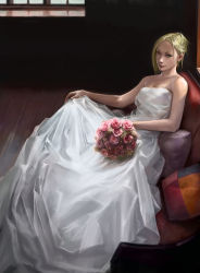 Rule 34 | 1girl, bare shoulders, blonde hair, blue eyes, bouquet, bride, claymore (series), dress, flower, gown, grey eyes, helen, highres, leo chuang, lips, nose, realistic, sitting, solo, wedding dress