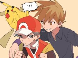Rule 34 | 2boys, blue oak, brown eyes, brown hair, closed mouth, collared shirt, commentary request, creatures (company), game freak, gen 1 pokemon, hands up, hat, highres, holding strap, jewelry, male focus, momotose (hzuu xh4), multiple boys, necklace, nintendo, pikachu, pokemon, pokemon (creature), pokemon frlg, purple wristband, red (pokemon), red headwear, shirt, short hair, short sleeves, spiked hair, t-shirt, upper body, vest, wristband