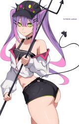 Rule 34 | 1girl, ass, black choker, black headwear, black shorts, choker, colored inner hair, cropped jacket, demon girl, demon tail, fake horns, gradient hair, green eyes, hair ornament, hairclip, highres, hololive, horned headwear, horns, jacket, long hair, looking at viewer, multicolored hair, o-ring, o-ring choker, o22no, piercing, pink hair, pointy ears, purple hair, shorts, solo, streaked hair, tail, tail ornament, tail piercing, thighs, tokoyami towa, tokoyami towa (1st costume), twintails, virtual youtuber, white jacket