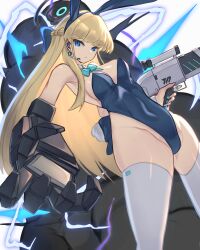 Rule 34 | 1girl, absurdres, assault rifle, blonde hair, blue archive, blue eyes, braid, breasts, bullpup, caseless firearm, detached collar, earpiece, electricity, expressionless, feet out of frame, gun, h&amp;k g11, halo, highres, leotard, long hair, looking at viewer, medium breasts, multicolored hair, ozaki55, playboy bunny, prototype design, ribbon, rifle, skindentation, streaked hair, thighhighs, toki (blue archive), toki (bunny) (blue archive), trigger discipline, very long hair, weapon