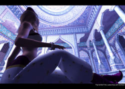 Rule 34 | 1girl, 3d, middle eastern architecture, arabian clothes, architecture, artist name, bare shoulders, bracelet, column, from below, indoors, interior, jewelry, koala (kaikatsu), letterboxed, midriff, original, pillar, shadow, sitting