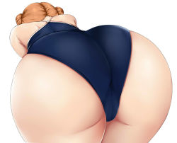 Rule 34 | 1girl, ass, ass focus, bad id, bad pixiv id, bare shoulders, bent over, blue one-piece swimsuit, brown hair, commentary, competition school swimsuit, double bun, foreshortening, hair bun, legs together, one-piece swimsuit, original, school swimsuit, short hair, simple background, solo, swimsuit, terakoya, thighs, white background