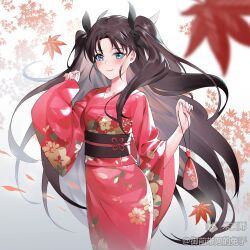 Rule 34 | 1girl, black bow, black hair, blue eyes, blurry, blush, bow, brown hair, closed mouth, depth of field, dysoor, falling leaves, fate/stay night, fate (series), floating hair, floral print, hair bow, hands up, holding, japanese clothes, kimono, leaf, long hair, maple leaf, obi, pouch, red kimono, sash, smile, solo, tohsaka rin, two side up, very long hair, wide sleeves