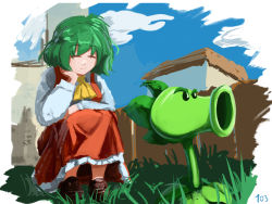 Rule 34 | 103anon, ^ ^, ascot, breasts, brown footwear, closed eyes, collared shirt, commentary request, danlamdae, frilled skirt, frills, grass, green hair, happy, kazami yuuka, long skirt, long sleeves, medium breasts, open clothes, open vest, plants vs zombies, red skirt, red vest, shirt, skirt, smile, touhou, vest, white shirt, yellow ascot