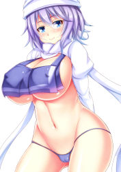 Rule 34 | 1girl, adapted costume, arms behind back, blue eyes, blue panties, blush, breasts, covered erect nipples, ebi 193, hat, huge breasts, large breasts, letty whiterock, light purple hair, panties, short hair, simple background, smile, solo, touhou, underwear, white background
