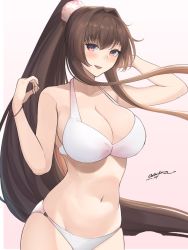 Rule 34 | 1girl, bikini, blush, breasts, brown hair, cleavage, collarbone, highres, kantai collection, large breasts, long hair, looking at viewer, odachu, pink background, pink eyes, ponytail, simple background, smile, solo, standing, stomach, stomach day, swimsuit, upper body, very long hair, white bikini, yamato (kancolle)
