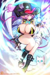 Rule 34 | 1girl, bad id, bad pixiv id, boots, breasts, cleavage, commission, fingerless gloves, gloves, huge breasts, magical girl, original, patreon username, pink eyes, pink hair, pointy ears, sumisumii, watermark, weapon, web address