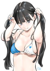 Rule 34 | 1girl, absurdres, bikini, black hair, blue bikini, blue nails, breasts, bunching hair, commentary request, grey eyes, highres, holding, holding hair, key (kagibangou), long hair, looking at viewer, medium breasts, original, simple background, smile, solo, swimsuit, twintails, two-tone bikini, upper body, white background, white bikini
